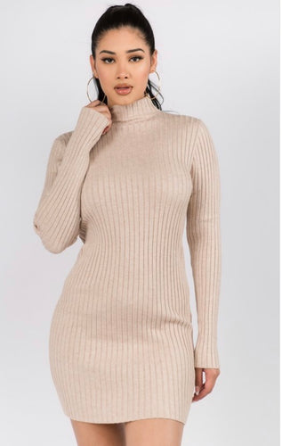 Rib knit mock neck mini dress