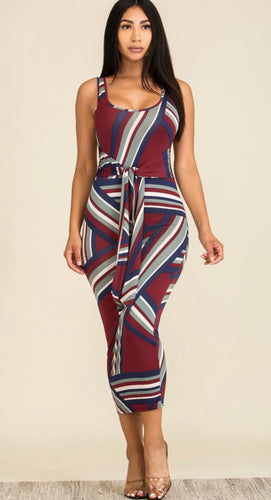 Print sleeveless midi with waist tie